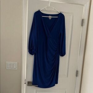 Anne Klein Royal Blue V-Neck Ruched Long Sleeve Dress